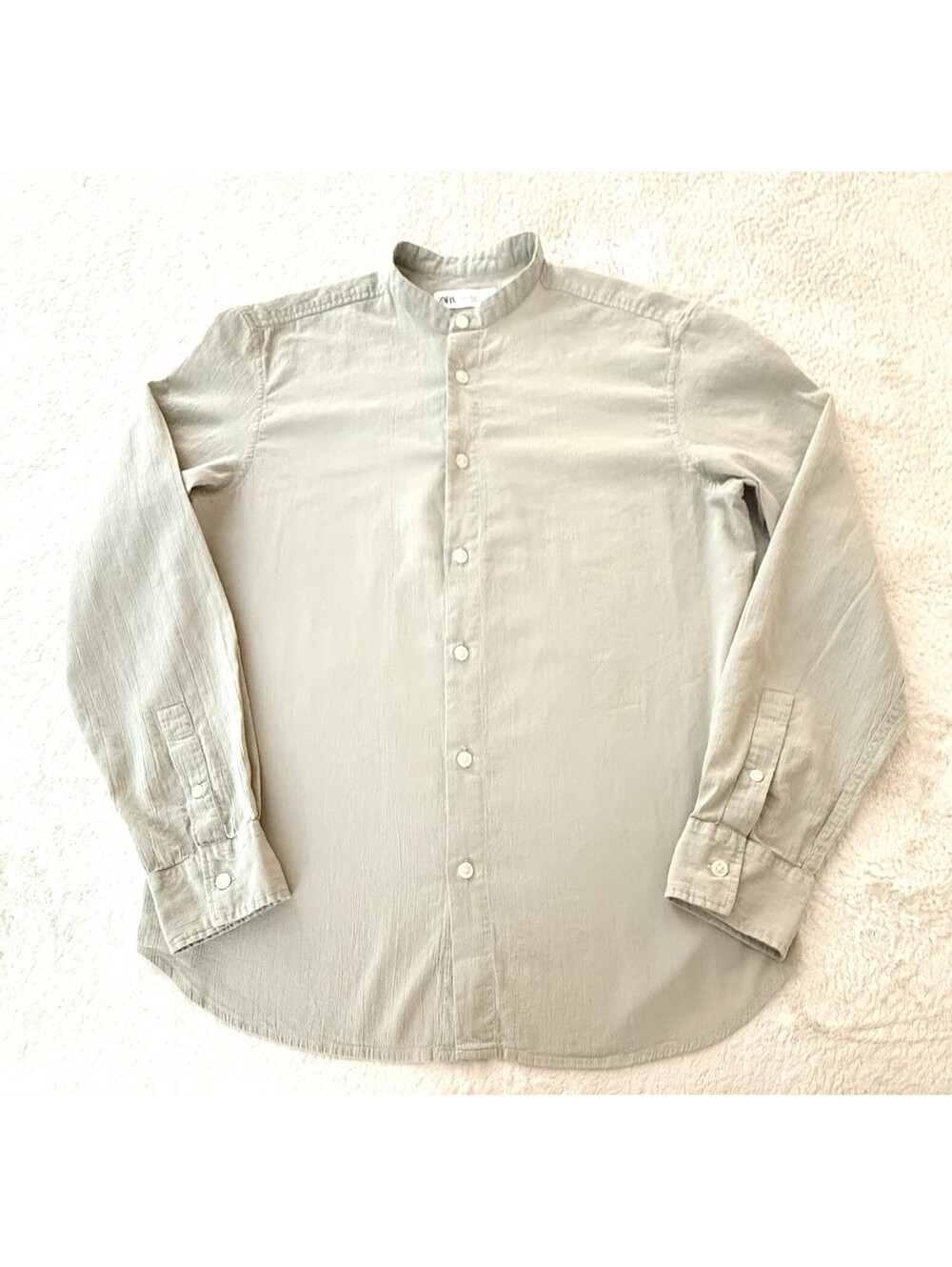 ZARA Men’s M Wrinkled Cotton Shirt Band Collar Sage Green Long Sleeve